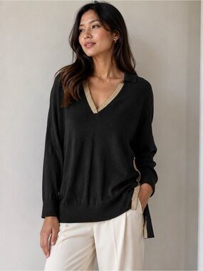 PAULE KA Cashmere Silk Black V-Neck Sweater with Gold Trim Accents size S